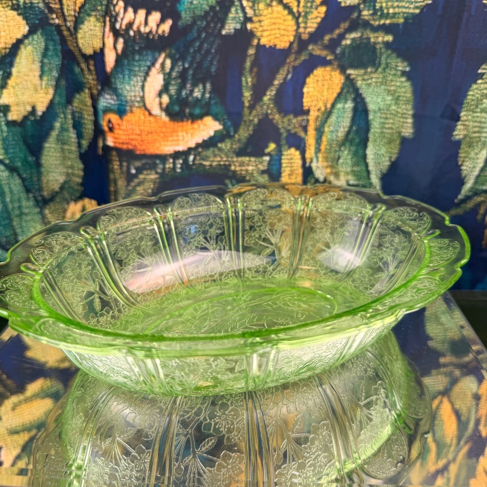 Jeannette Glass Cherry Blossom Green Uranium Glass Oval Bowl Depression Vintage
